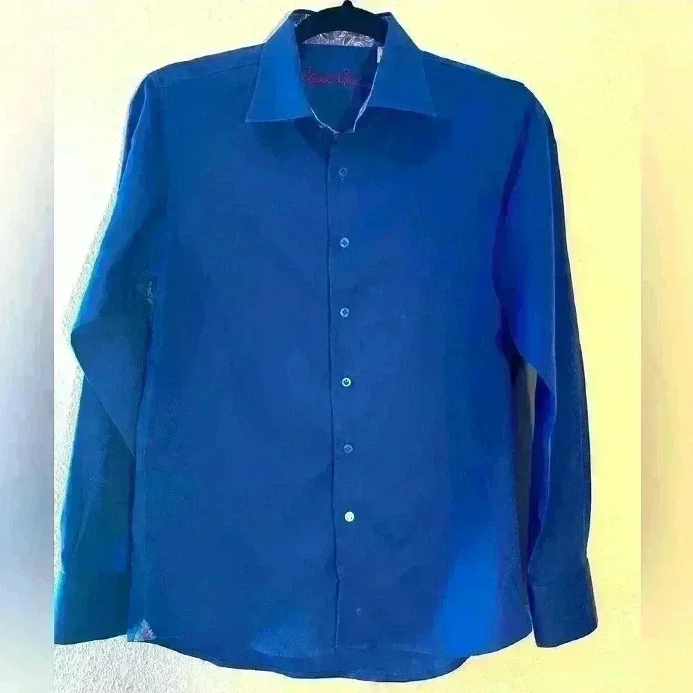 Men’s Robert Graham Blue 100% Cotton Long Sleeve Button Down Shirt Size L 14-16